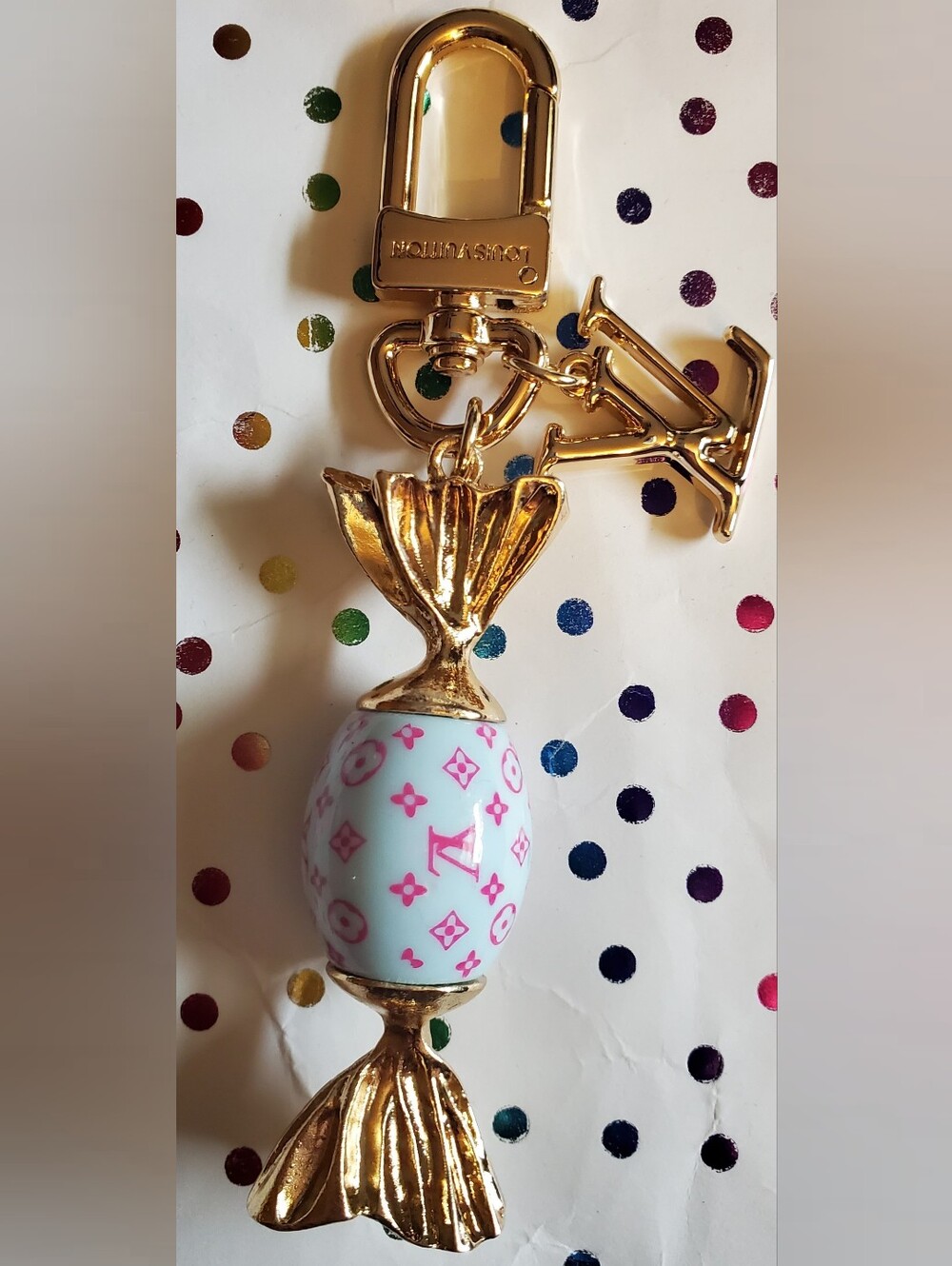Pink and Blue Monogram Bag Charm Keychain with Gold Hardware
